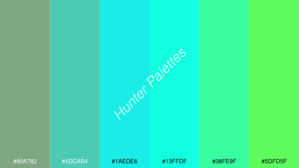 cián szín palettája a következőkkel: #80a782 #4dcab4 #1aede6 #13ffdf #38fe9f #5dfd5f