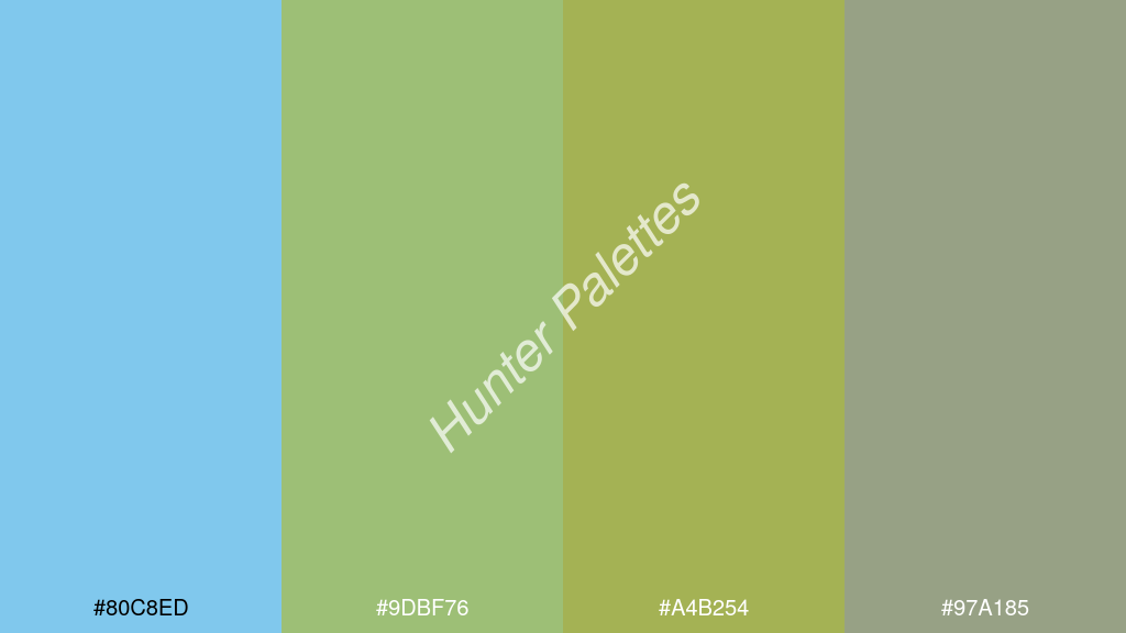 kivi szín palettája a következőkkel: #80c8ed #9dbf76 #a4b254 #97a185