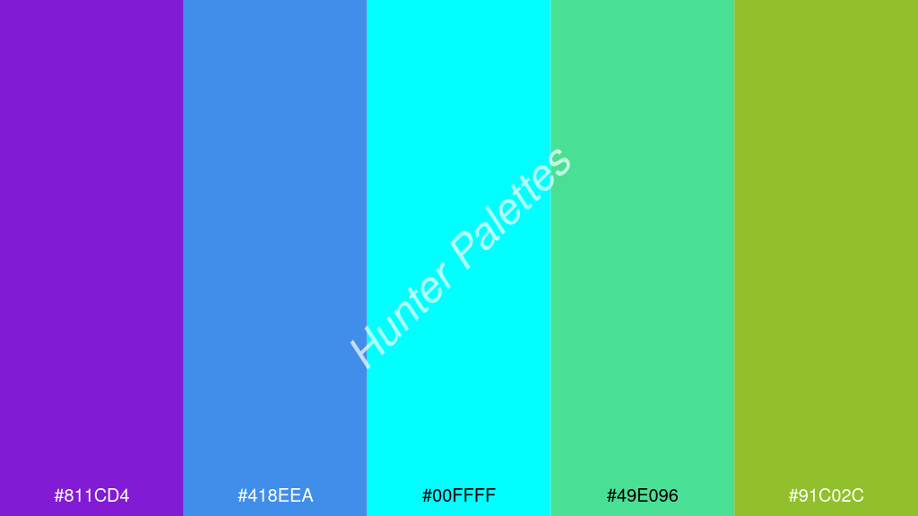 cián szín palettája a következőkkel: #811cd4 #418eea #00ffff #49e096 #91c02c