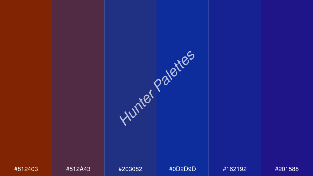 királykék szín palettája a következőkkel: #812403 #512a43 #203082 #0d2d9d #162192 #201588