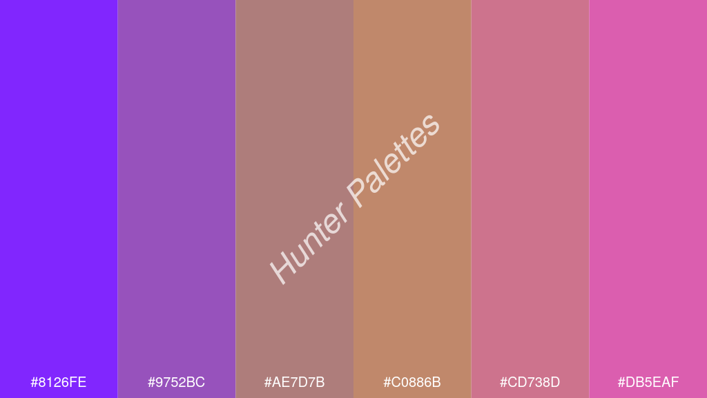 okker szín palettája a következőkkel: #8126fe #9752bc #ae7d7b #c0886b #cd738d #db5eaf