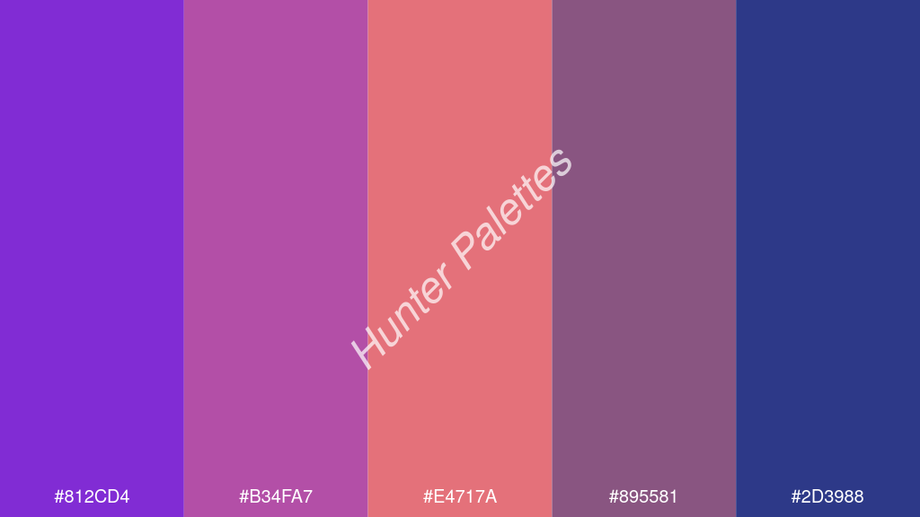 korall szín palettája a következőkkel: #812cd4 #b34fa7 #e4717a #895581 #2d3988