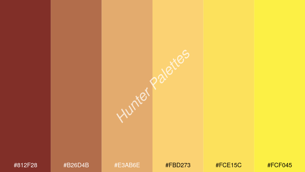 dinnye szín palettája a következőkkel: #812f28 #b26d4b #e3ab6e #fbd273 #fce15c #fcf045