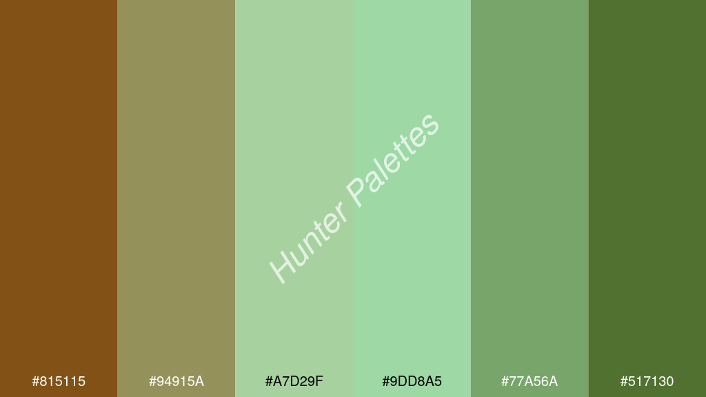 pasztellzöld szín palettája a következőkkel: #815115 #94915a #a7d29f #9dd8a5 #77a56a #517130