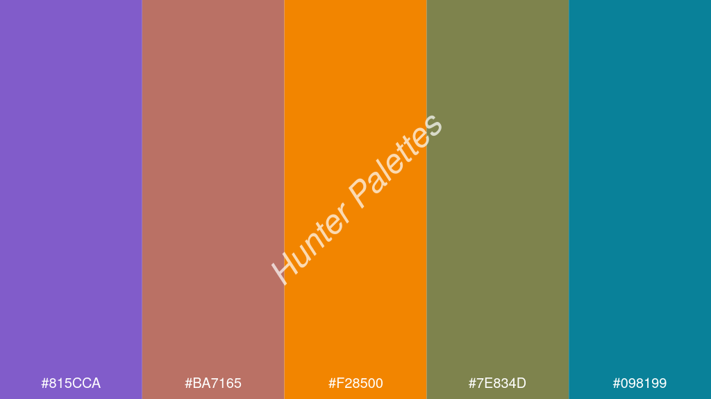 mandarin szín palettája a következőkkel: #815cca #ba7165 #f28500 #7e834d #098199