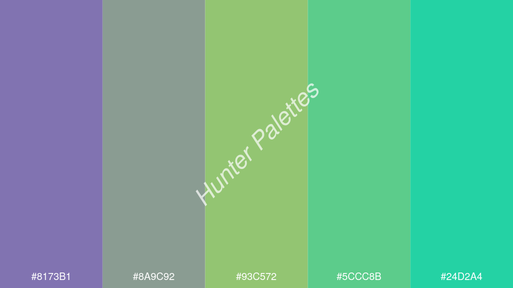 pisztáciazöld szín palettája a következőkkel: #8173b1 #8a9c92 #93c572 #5ccc8b #24d2a4