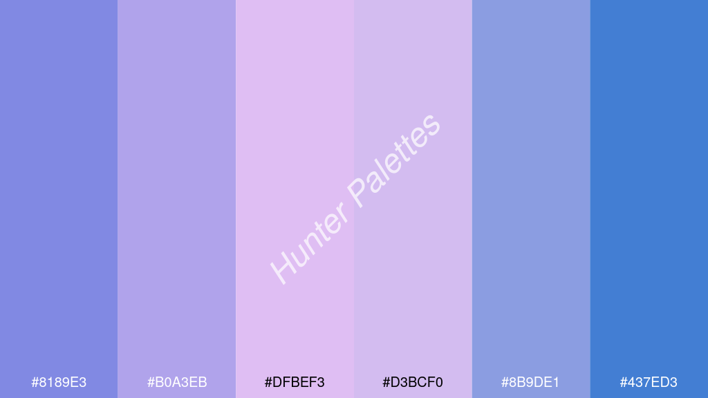 világos rózsaszín szín palettája a következőkkel: #8189e3 #b0a3eb #dfbef3 #d3bcf0 #8b9de1 #437ed3