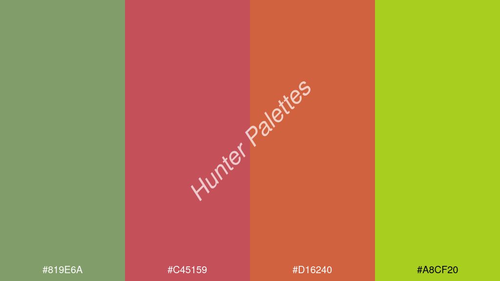 amarant szín palettája a következőkkel: #819e6a #c45159 #d16240 #a8cf20
