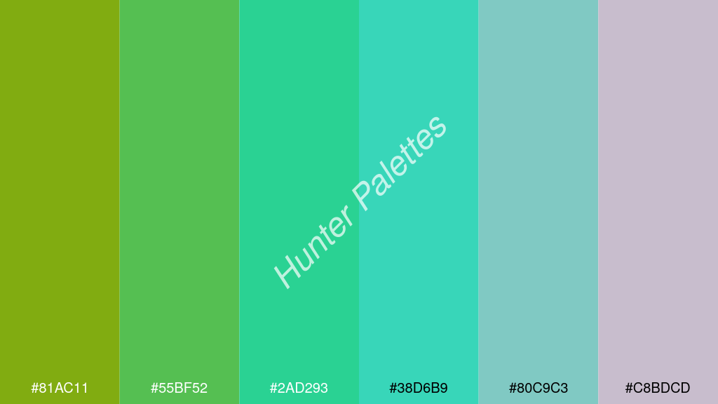 karibi zöld szín palettája a következőkkel: #81ac11 #55bf52 #2ad293 #38d6b9 #80c9c3 #c8bdcd