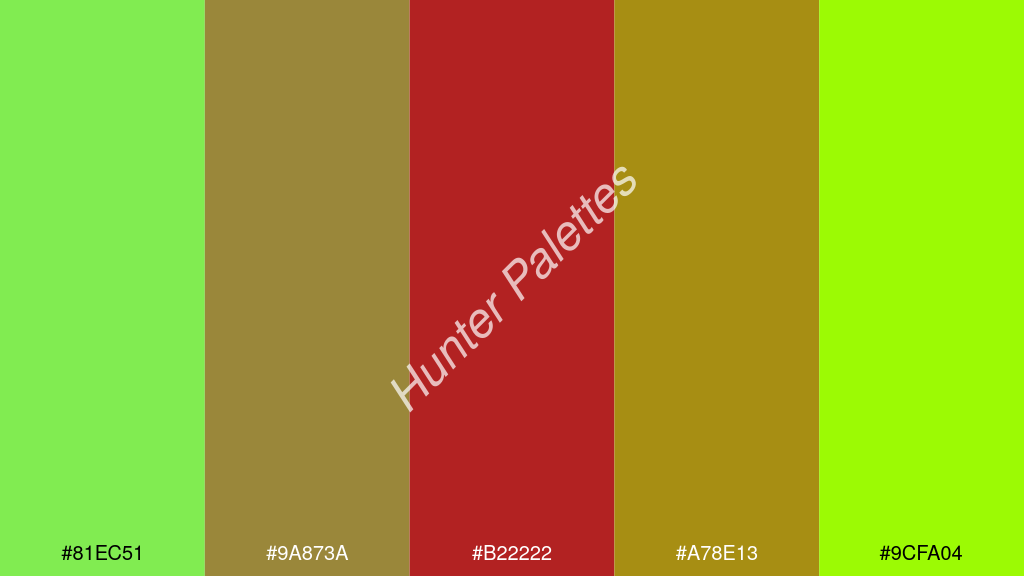 tégla szín palettája a következőkkel: #81ec51 #9a873a #b22222 #a78e13 #9cfa04