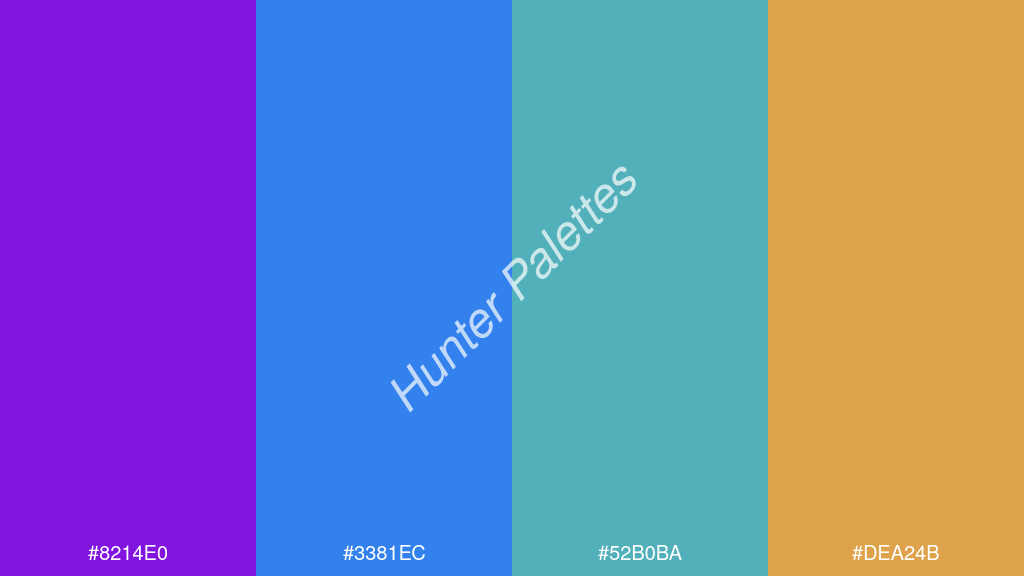 égszínkék szín palettája a következőkkel: #8214e0 #3381ec #52b0ba #dea24b