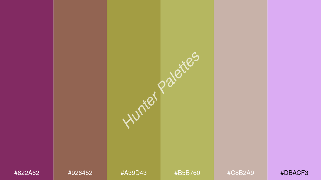 kivi szín palettája a következőkkel: #822a62 #926452 #a39d43 #b5b760 #c8b2a9 #dbacf3