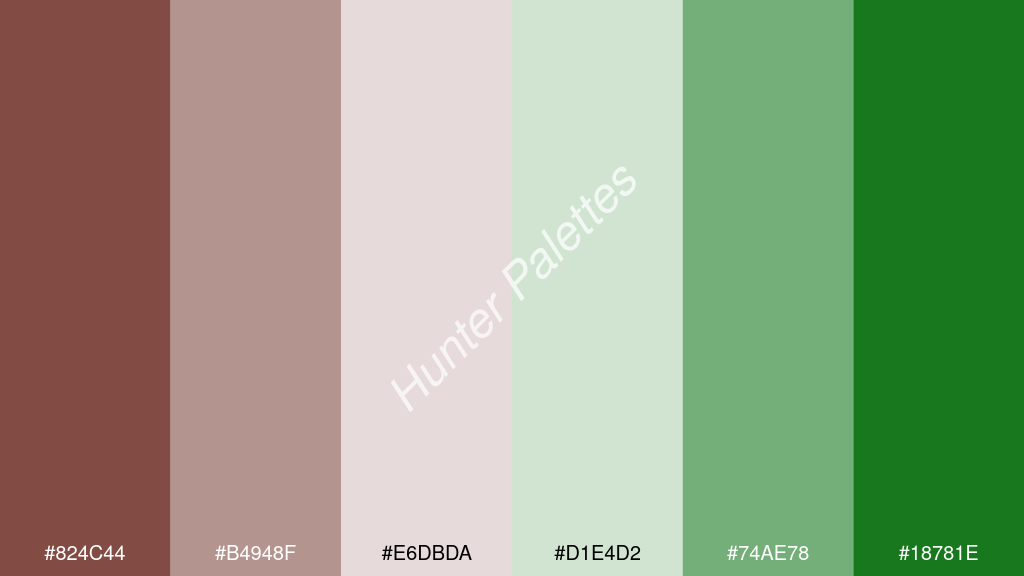 fehér szín palettája a következőkkel: #824c44 #b4948f #e6dbda #d1e4d2 #74ae78 #18781e