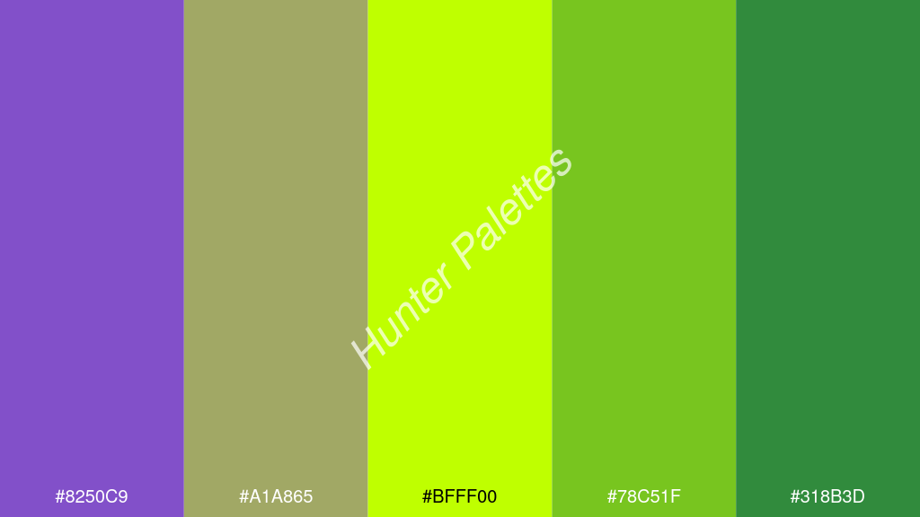 limezöld szín palettája a következőkkel: #8250c9 #a1a865 #bfff00 #78c51f #318b3d
