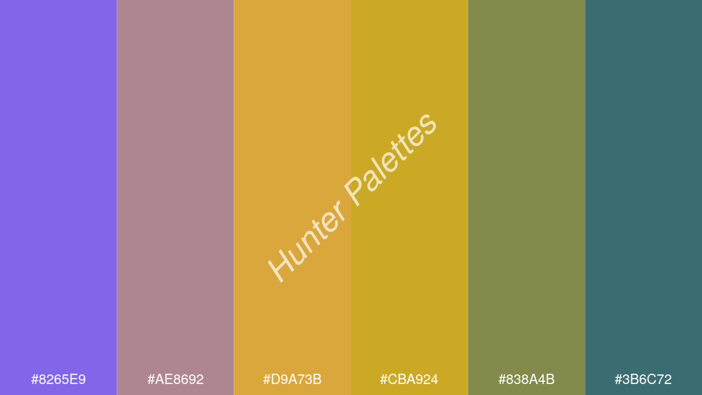 arany szín palettája a következőkkel: #8265e9 #ae8692 #d9a73b #cba924 #838a4b #3b6c72