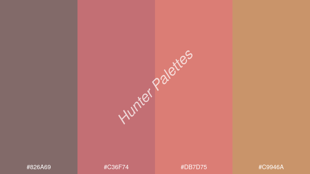 korall szín palettája a következőkkel: #826a69 #c36f74 #db7d75 #c9946a