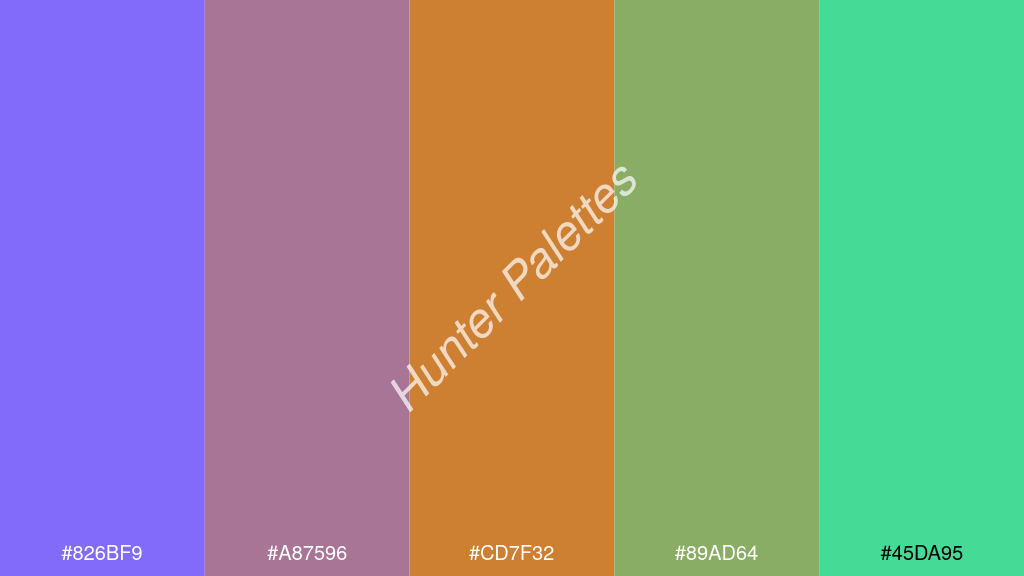bronz szín palettája a következőkkel: #826bf9 #a87596 #cd7f32 #89ad64 #45da95