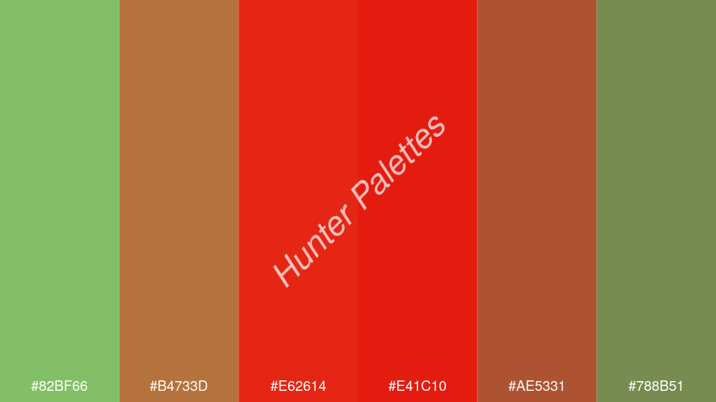vörös szín palettája a következőkkel: #82bf66 #b4733d #e62614 #e41c10 #ae5331 #788b51