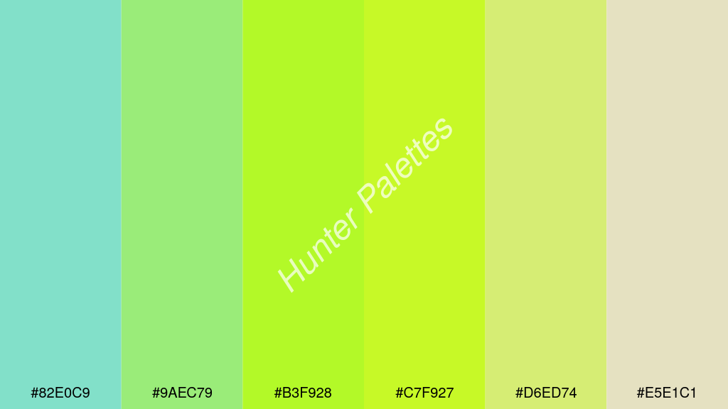 limezöld szín palettája a következőkkel: #82e0c9 #9aec79 #b3f928 #c7f927 #d6ed74 #e5e1c1