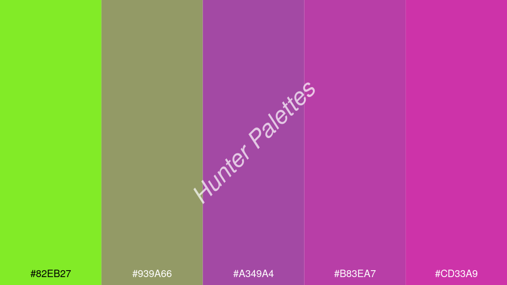 lila szín palettája a következőkkel: #82eb27 #939a66 #a349a4 #b83ea7 #cd33a9