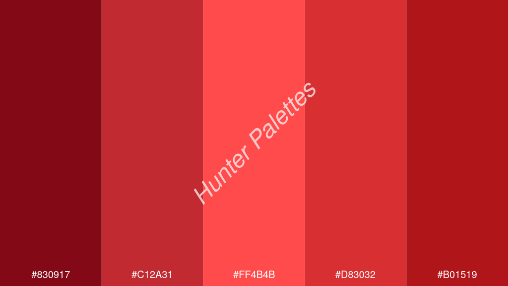 világos piros szín palettája a következőkkel: #830917 #c12a31 #ff4b4b #d83032 #b01519