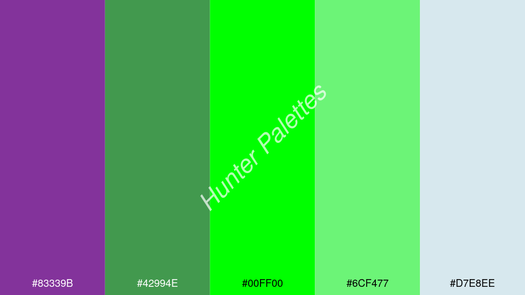 zöld szín palettája a következőkkel: #83339b #42994e #00ff00 #6cf477 #d7e8ee