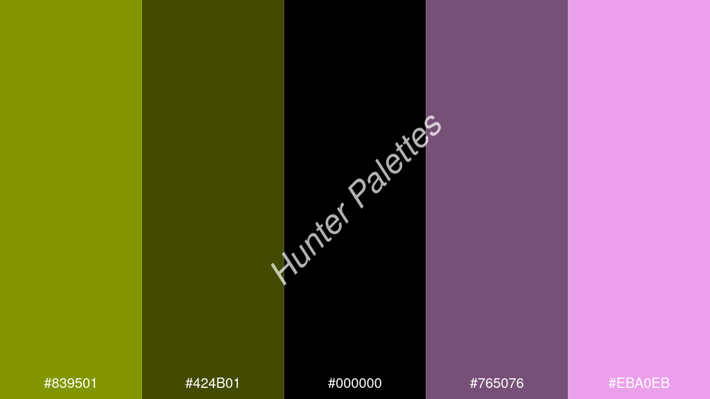 fekete szín palettája a következőkkel: #839501 #424b01 #000000 #765076 #eba0eb