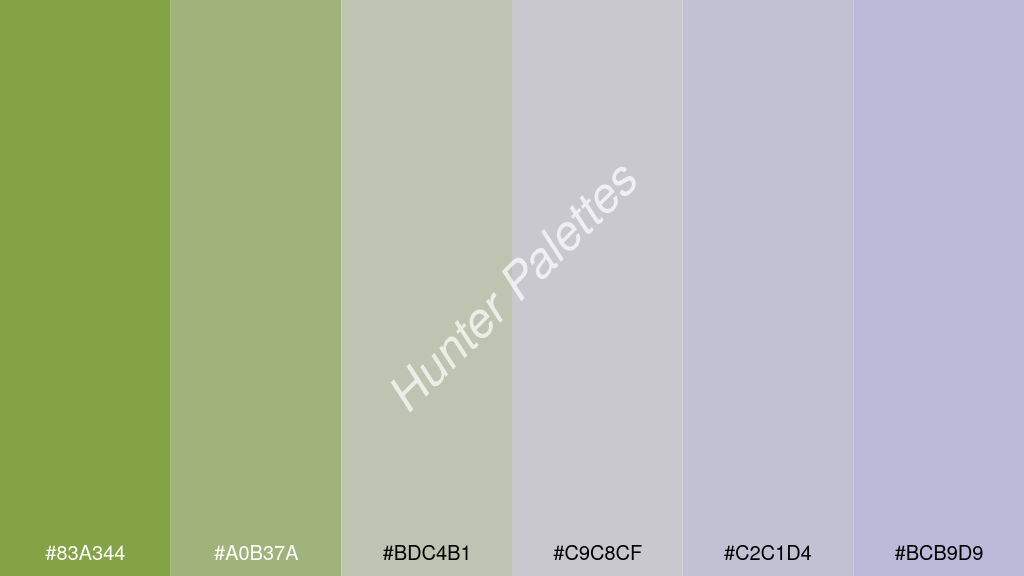 cccccc szín palettája a következőkkel: #83a344 #a0b37a #bdc4b1 #c9c8cf #c2c1d4 #bcb9d9