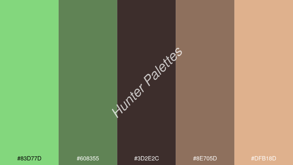 wenge szín palettája a következőkkel: #83d77d #608355 #3d2e2c #8e705d #dfb18d