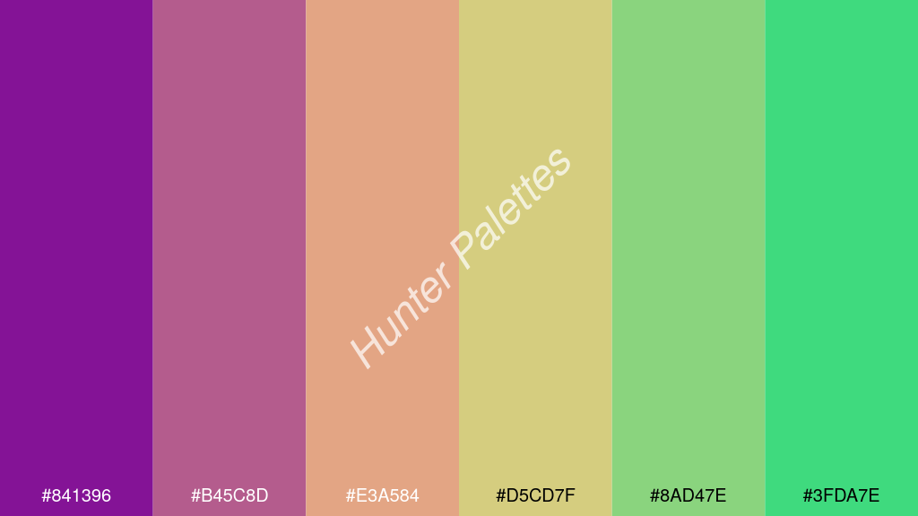 dinnye szín palettája a következőkkel: #841396 #b45c8d #e3a584 #d5cd7f #8ad47e #3fda7e