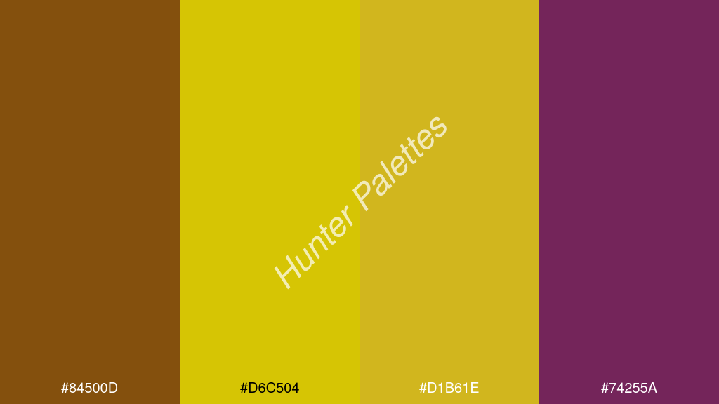 sárga szín palettája a következőkkel: #84500d #d6c504 #d1b61e #74255a
