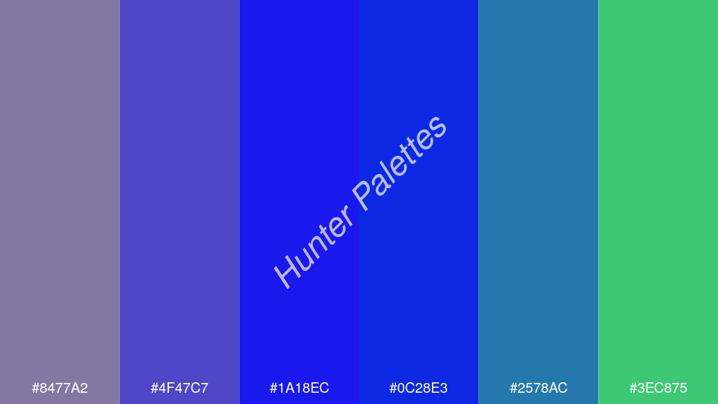 kék szín palettája a következőkkel: #8477a2 #4f47c7 #1a18ec #0c28e3 #2578ac #3ec875