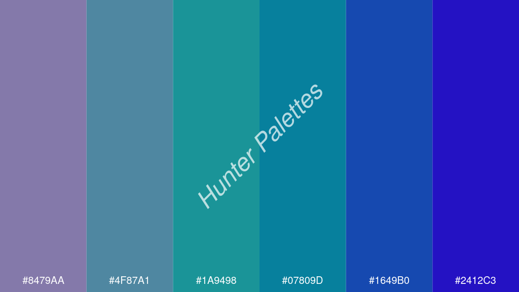 kékzöld szín palettája a következőkkel: #8479aa #4f87a1 #1a9498 #07809d #1649b0 #2412c3