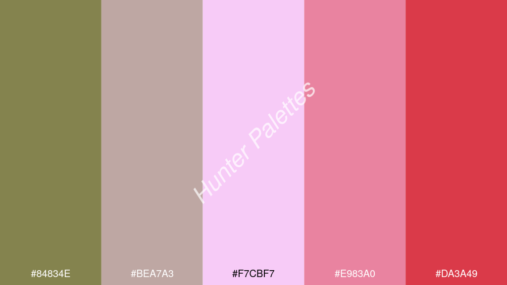 világos rózsaszín szín palettája a következőkkel: #84834e #bea7a3 #f7cbf7 #e983a0 #da3a49