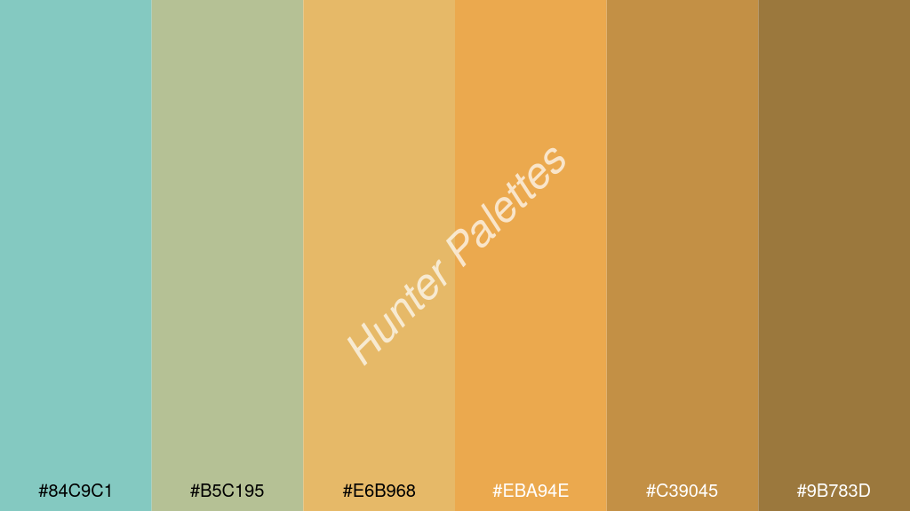 világos narancs szín palettája a következőkkel: #84c9c1 #b5c195 #e6b968 #eba94e #c39045 #9b783d