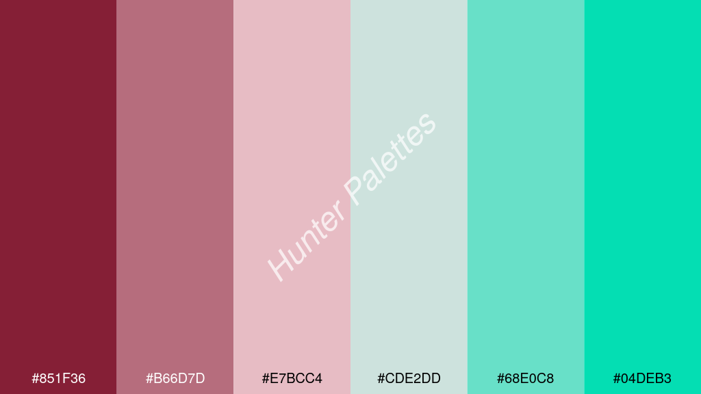 halvány rózsaszín szín palettája a következőkkel: #851f36 #b66d7d #e7bcc4 #cde2dd #68e0c8 #04deb3