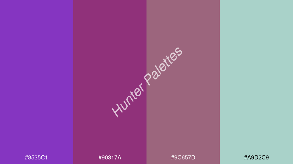cseresznye szín palettája a következőkkel: #8535c1 #90317a #9c657d #a9d2c9