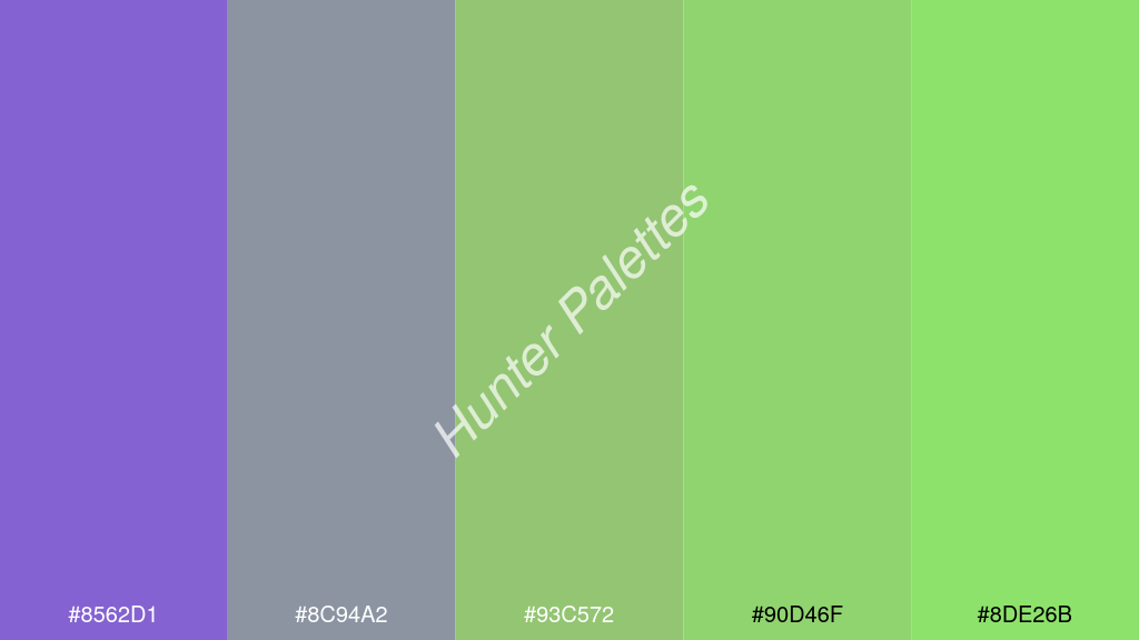pisztáciazöld szín palettája a következőkkel: #8562d1 #8c94a2 #93c572 #90d46f #8de26b