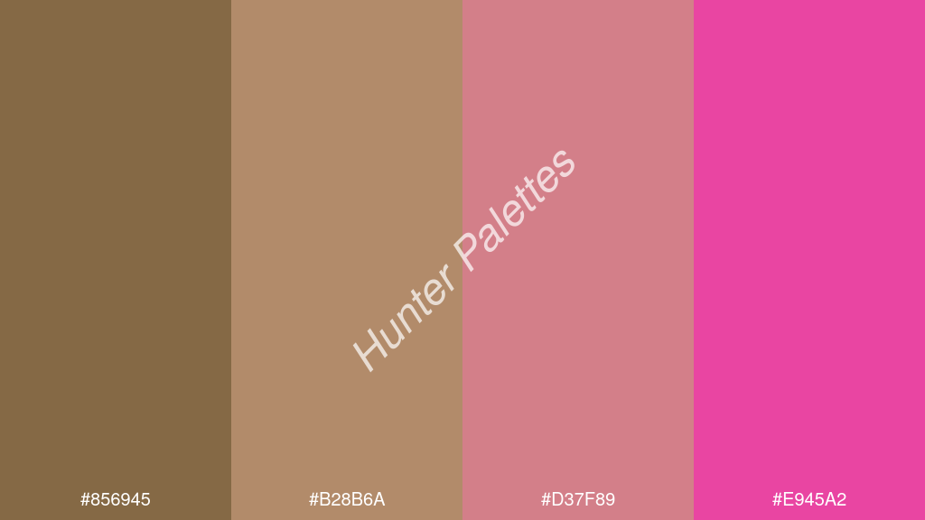 terracotta szín palettája a következőkkel: #856945 #b28b6a #d37f89 #e945a2
