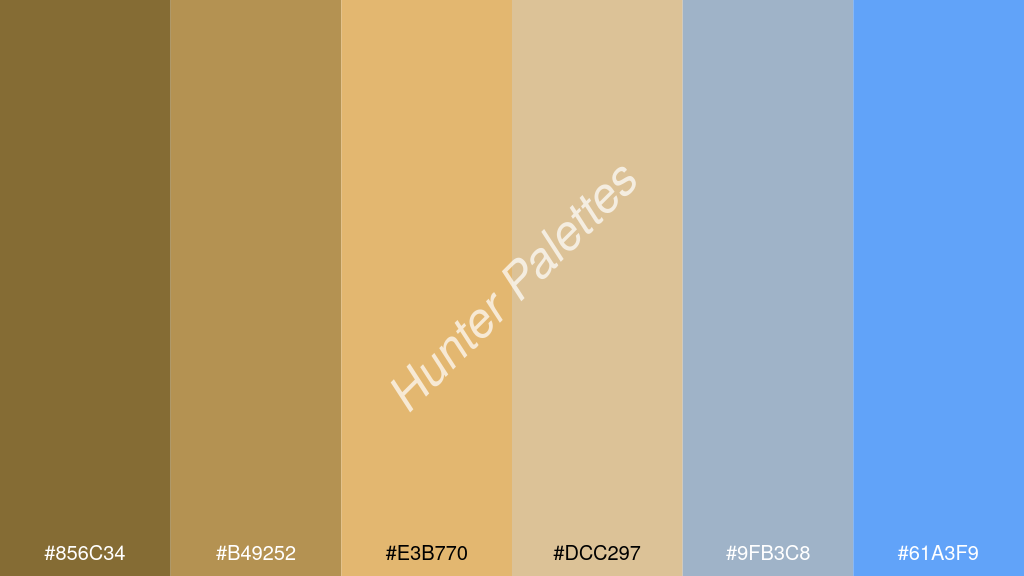 dinnye szín palettája a következőkkel: #856c34 #b49252 #e3b770 #dcc297 #9fb3c8 #61a3f9