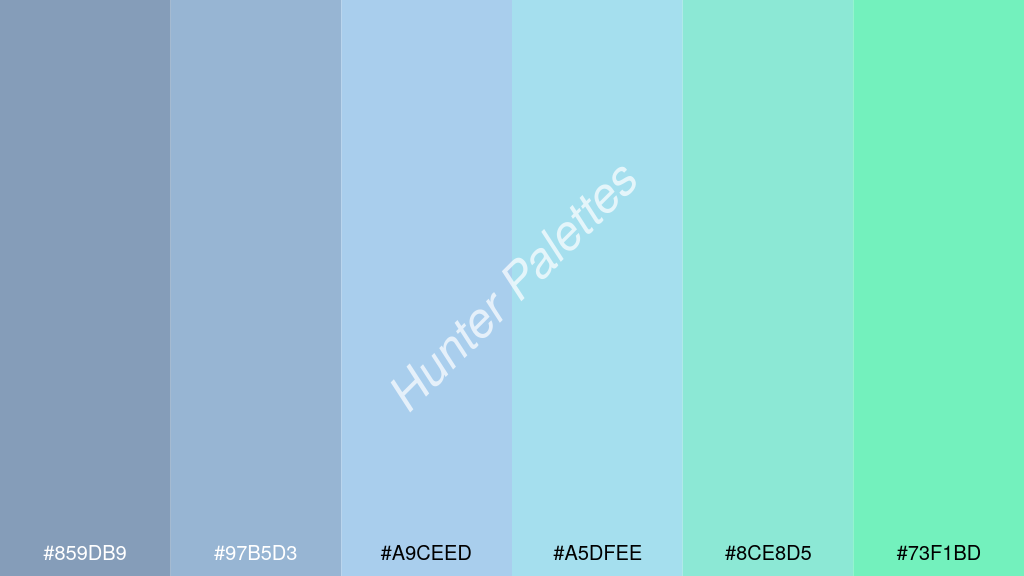 pasztellkék szín palettája a következőkkel: #859db9 #97b5d3 #a9ceed #a5dfee #8ce8d5 #73f1bd