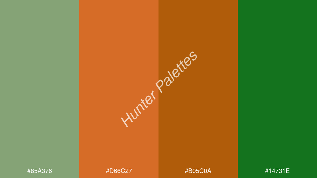 Pantone narancs szín palettája a következőkkel: #85a376 #d66c27 #b05c0a #14731e