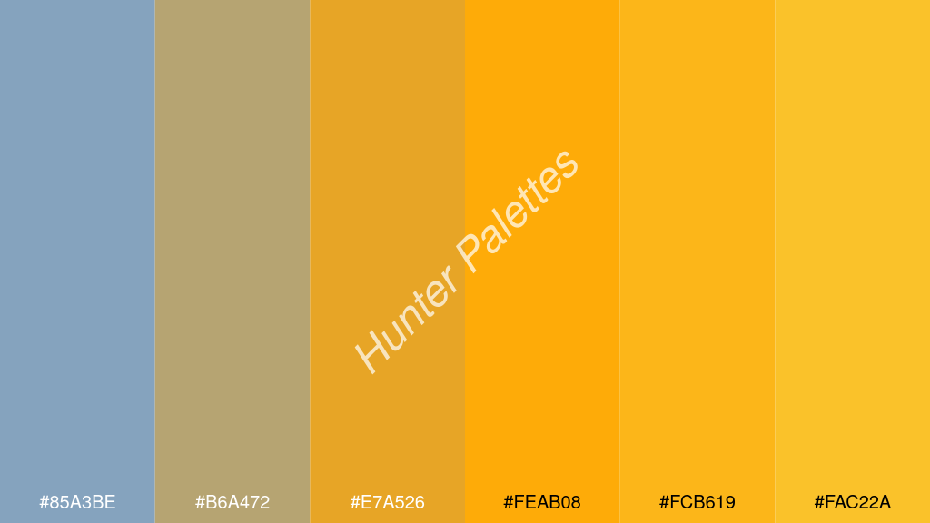 narancssárga szín palettája a következőkkel: #85a3be #b6a472 #e7a526 #feab08 #fcb619 #fac22a