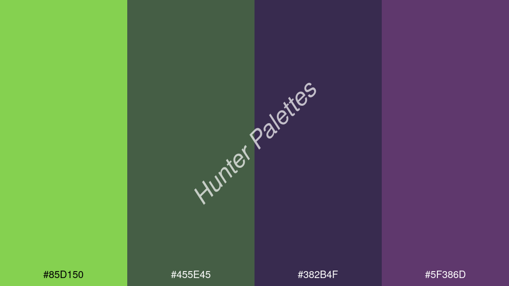 tengerészkék szín palettája a következőkkel: #85d150 #455e45 #382b4f #5f386d
