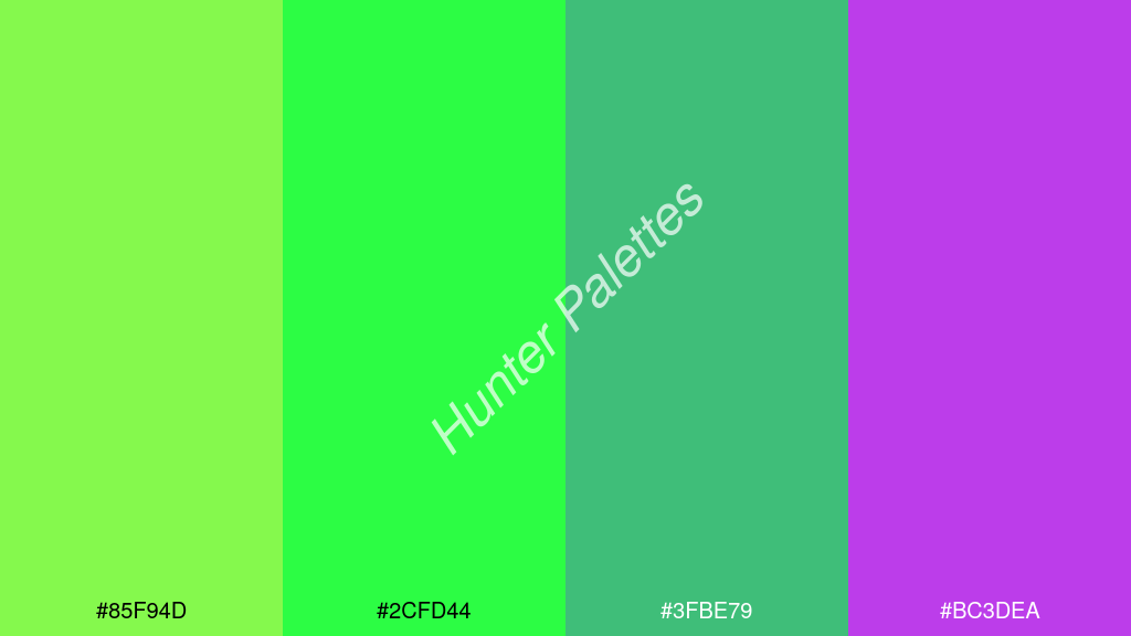 fluoreszkáló zöld szín palettája a következőkkel: #85f94d #2cfd44 #3fbe79 #bc3dea