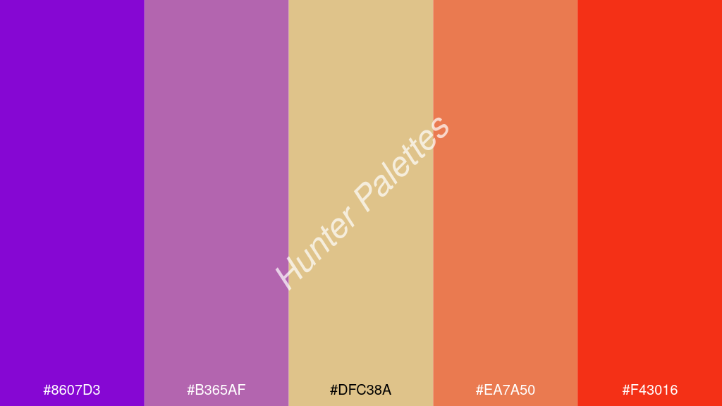 khaki szín palettája a következőkkel: #8607d3 #b365af #dfc38a #ea7a50 #f43016