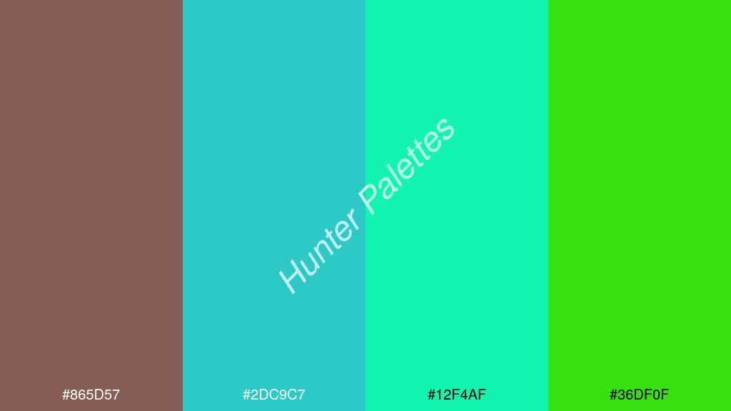 cián szín palettája a következőkkel: #865d57 #2dc9c7 #12f4af #36df0f