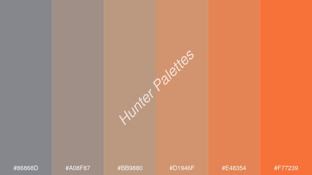 terracotta szín palettája a következőkkel: #86868d #a08f87 #bb9880 #d1946f #e48354 #f77239