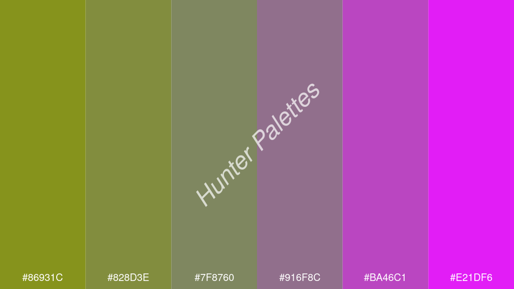 cement szürke szín palettája a következőkkel: #86931c #828d3e #7f8760 #916f8c #ba46c1 #e21df6