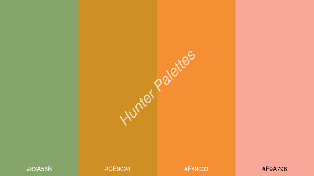 mandarin szín palettája a következőkkel: #86a56b #ce9024 #f49033 #f9a798